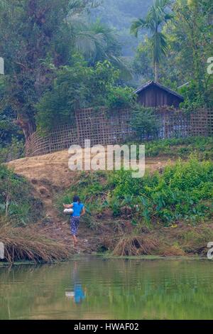 Le Myanmar, Birmanie, Mrauk U, jeune femme de prendre de l'eau potable dans un étang Banque D'Images