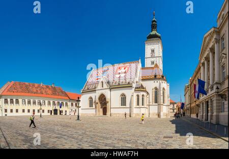 Croatie, Zagreb, vieille ville de Zagreb, ville haute Place Marka, Église de Saint Marc de la xiiie-xive siècles, les armoiries des Croates Banque D'Images