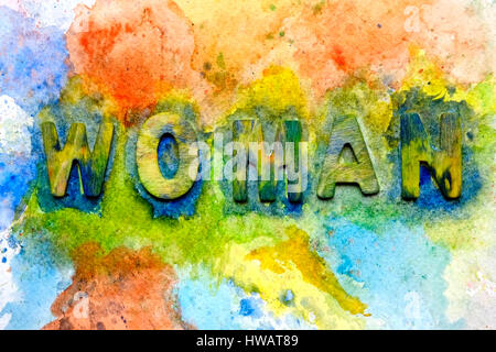 Texte DE FEMME sur fond d'aquarelle vibrant - concept d'autonomisation Banque D'Images