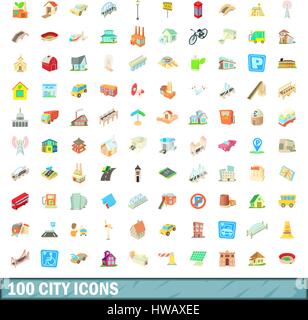 100 city icons set, cartoon style Illustration de Vecteur