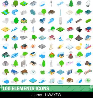 100 éléments icons set, style 3D isométrique Illustration de Vecteur