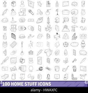 100 home stuff icons set style du contour, Illustration de Vecteur