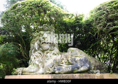 Statue de Lion, Portmeirion village italianisant, Gwynedd, Pays de Galles, Royaume-Uni. Banque D'Images