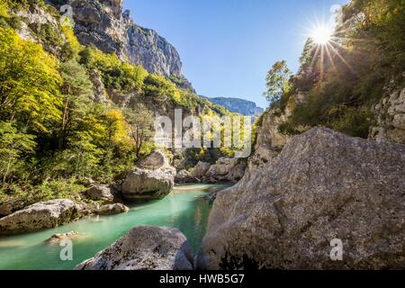 France, Alpes de Haute-Provence, parc naturel régional du Verdon, le Grand Canyon du Verdon, la rivière du Verdon dans l'entrée du couloir Samson, depuis le sentier Blanc-Martel sur le GR4 Banque D'Images