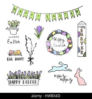 Joyeuses Pâques avec des œufs de couleur croquis, lapins, fleurs, lettrage, gerbe Illustration de Vecteur