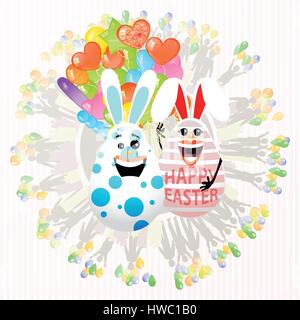 Heureux l'est deux œufs de lapin mmseshnye types avec beaucoup de ballons. Concept d'une maison de vacances. Vecteur de votre conception Illustration de Vecteur