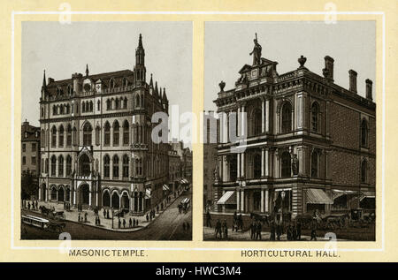 1883 anciens d'impression monochrome d'un album souvenir, montrant le temple maçonnique (construit 1867) et de l'Horticulture Hall (1865) construit à Boston, Massachusetts. Le Temple Maçonnique au coin des rues Boylston et Tremont a été conçu par Merrill G. Wheelock. Hall de l'horticulture (1865-1901) de Boston, au Massachusetts, a été le siège de la Société d'Horticulture du Massachusetts à la fin du 19e siècle. Il s'établit à no.100-102 Tremont Street, au coin de la rue, en face de l'Bromfield Granary Burying Ground. Imprimé avec le procédé lithographique Glaser/Frey, une lithographie de pierre proces Banque D'Images