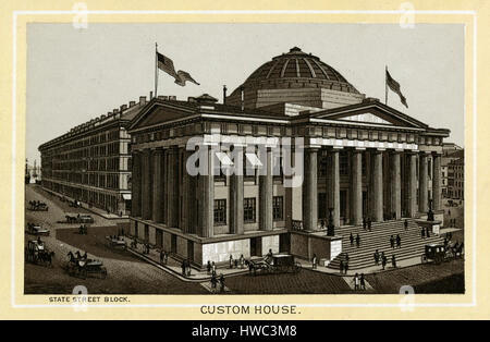 1883 anciens d'impression monochrome d'un album souvenir, montrant le Custom House sur India Street et State Street à Boston, Massachusetts. Imprimé avec le procédé lithographique Glaser/Frey, une lithographie de pierre processus développé en Allemagne. Banque D'Images