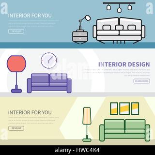 Ensemble de bannières dans un style plat avec un design intérieur en différentes couleurs et formes. Vector illustration Illustration de Vecteur