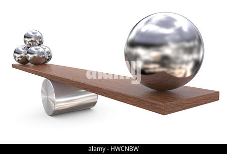 Boules d'équilibrage sur planche de bois. Quatre des grandes et des petites, de l'autre côté. 3D render. Banque D'Images
