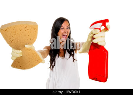 Une jeune femme est en colère qu'elle doit faire le ménage., eine junge Frau ‰rgert sich, dass sie den Hausputz machen muss. Banque D'Images