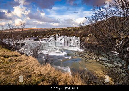 L'Islande, péninsule de Snæfellsnes, Vesturland Hraunfossar, chutes d'eau (lave) sont une série de petites chutes d'eau situé sur le cours de l'Litlafjlót dans les pays de l'ouest et autour de Húsafell et Reykholt Banque D'Images