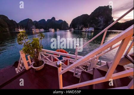 Vietnam, golfe du Tonkin, la province de Quang Ninh, la baie d'Ha Long (Vinh Ha Long) inscrite au Patrimoine Mondial de l'UNESCO (1994), à l'ancre dans une crique au coucher du soleil à bord d'un sampan de la société Ngoc Long Bien Ha Banque D'Images