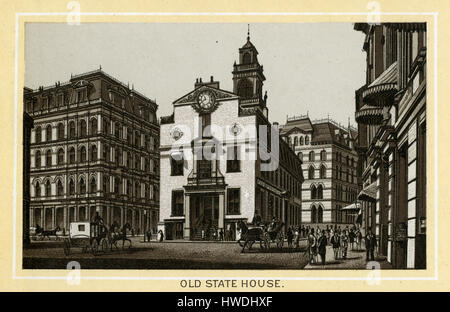 1883 anciens d'impression monochrome d'un album souvenir, montrant le Old State House à Boston, Massachusetts. Le Old State House est un bâtiment historique de Boston (Massachusetts), à l'intersection des rues de Washington et de l'État. Construit en 1713, elle fut le siège de la Cour générale du Massachusetts jusqu'en 1798, et est un des plus vieux bâtiments aux États-Unis. Imprimé avec le procédé lithographique Glaser/Frey, une lithographie de pierre processus développé en Allemagne. Banque D'Images