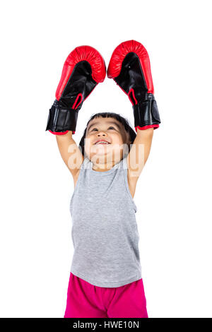 Peu asiatique Chinese Girl Wearing Boxing Glove avec les mains. Banque D'Images