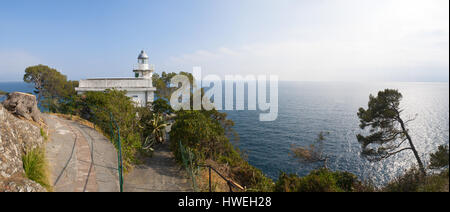 Phare du Cap, de Punta Faro, Italie : vue panoramique sur le quartier historique de Portofino phare, construit en 1870 et situé à 40 mètres au-dessus du niveau de la mer Banque D'Images