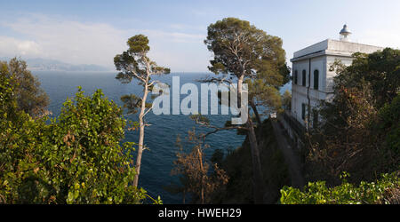 Phare du Cap, de Punta Faro, Italie : vue panoramique sur le quartier historique de Portofino phare, construit en 1870 et situé à 40 mètres au-dessus du niveau de la mer Banque D'Images