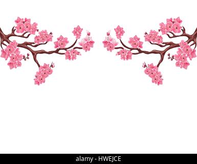 Deux branches symétriques rose avec des fleurs de cerisiers. Sakura. Isolé sur fond blanc. Illustration de Vecteur