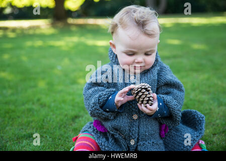 Baby girl à la toucher et cône de pin in park Banque D'Images