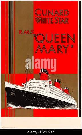 RMS Queen Mary 1936 affiche publicitaire pour le paquebot capturé le ruban bleu au cours de cette année. Le navire était le navire amiral de l'Cunard-White Star Line hebdomadaire navigué de Southampton à New York. Poster design par William Howard Jarvis (1903-1964). Banque D'Images