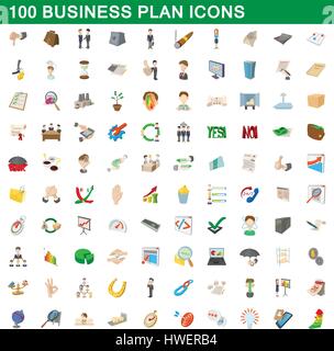 100 business plan icons set, cartoon style Illustration de Vecteur