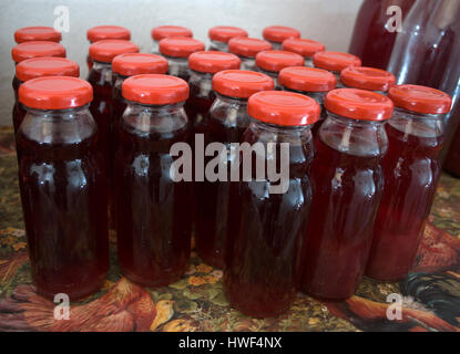 De naturel jus de framboises cultivées avec des bouchons aveugles rouge Banque D'Images