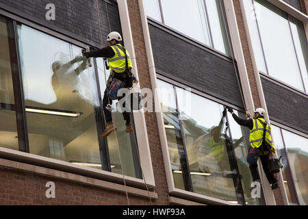 Deux laveurs de vitres à travailler pendant la descente en rappel dans un nouveau bâtiment de bureaux à Londres Banque D'Images