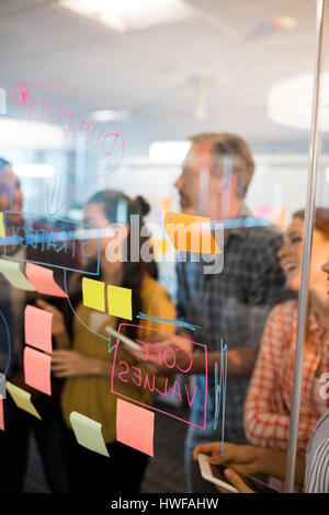 Creative Business team looking at sticky notes on glass window in office Banque D'Images