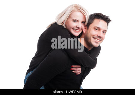 Portrait d'un homme heureux usurpation de son amie et passer du temps ensemble sur fond blanc Banque D'Images