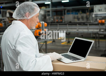 Vue latérale du travailleur masculin using laptop in cold drink factory Banque D'Images