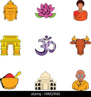 Indian travel icons set, cartoon style Illustration de Vecteur