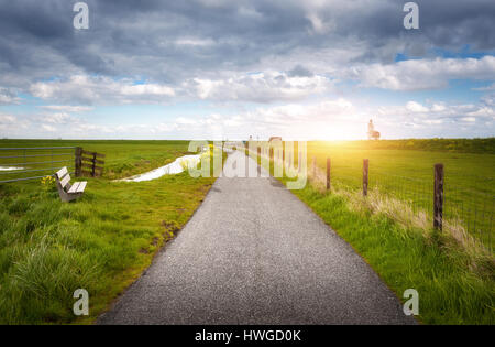 Belle route rurale, colorée de l'herbe verte, fleurs jaunes sur fond de ciel nuageux bleu dramatique et le phare au coucher du soleil au printemps. L étonnante Banque D'Images