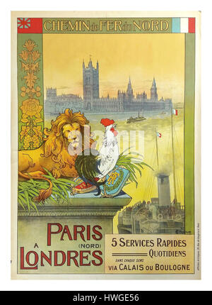 Retro Vintage des années 1900, l'affiche de voyage 'Chemin de Fer du Nord pour les services ferroviaires Paris Londres par Calais ou Boulogne Banque D'Images