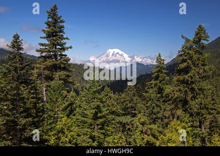 Vue sur les sommets enneigés du cône volcanique du Mont Rainier, Washington, USA Banque D'Images