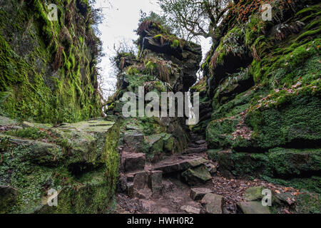 L'église de Lud est une étroite gorge du rift dans la meule, Grit au-dessus de la vallée près de Dane Gradbach Staffordshire UK Banque D'Images