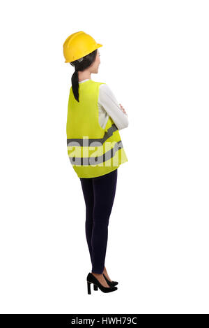Porter femme asiatique a hat gilet de sécurité et plus isolé sur fond blanc Banque D'Images
