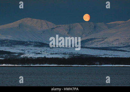 Lune au-dessus des montagnes, de la Norvège, Troms, Troms ?, Troms ?, Kval ?  ?Ya, Kval ?ya, montagnes, l'astronomie, la lune, le matin, le décor, la Norvège, Troms, Tromso, Islande Banque D'Images