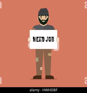 Homme au chômage maintenant avec du papier carton argent Besoin d'un message. Vector illustration Illustration de Vecteur