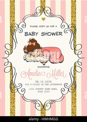 Beau modèle de carte de douche de bébé avec des détails scintillants d'or, format vectoriel Illustration de Vecteur
