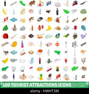 100 attractions touristiques icons set Illustration de Vecteur