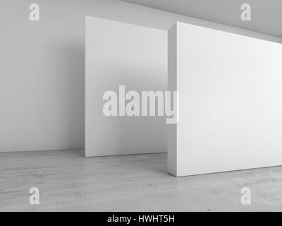 Résumé Contexte intérieur blanc vide, bannières vierge l'installation sur un sol en béton, la conception de l'architecture contemporaine. 3d illustration Banque D'Images