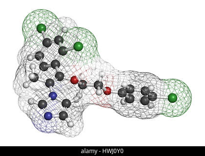 Omoconazole molécule de médicaments antifongiques. Le rendu 3D. Les atomes sont représentés comme des sphères classiques avec codage couleur : blanc (hydrogène), carbone (gris), Banque D'Images