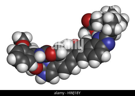 Velpatasvir l'hépatite C (VHC) molécule pharmaceutique. Le rendu 3D. Les atomes sont représentés comme des sphères classiques avec codage couleur : blanc (hydrogène), ca Banque D'Images