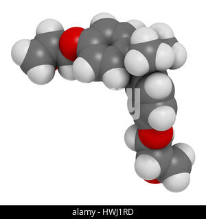 L'éther diglycidylique de bisphénol A (DGEBA) BADGE, molécule constitutive de la colle époxy. Le rendu 3D. Les atomes sont représentés comme des sphères de couleur classique c Banque D'Images