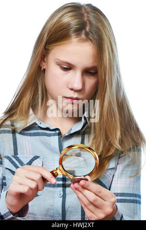 Collection Pièces de monnaie argent examine fille blanc isolé Banque D'Images