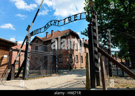 Eingangstor Stammlager, I, Konzentrationslager Auschwitz-Birkenau,, Auschwitz, Polen Banque D'Images