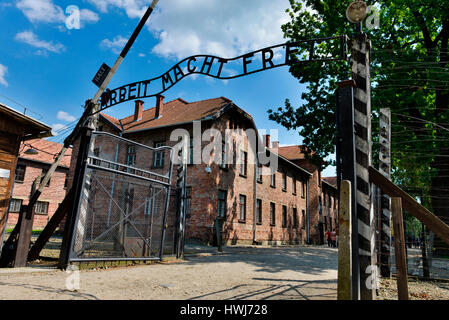 Eingangstor Stammlager, I, Konzentrationslager Auschwitz-Birkenau,, Auschwitz, Polen Banque D'Images