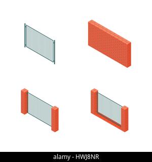 Un ensemble de clôtures travées isométrique de divers matériaux, la brique et l'acier. Isolé sur fond blanc. Eléments de construction et de conception de paysage, vecto Illustration de Vecteur