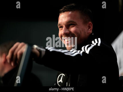 Lukas Podolski en Allemagne lors d'une conférence de presse au DFB football Museum, Dortmund en Allemagne. Banque D'Images