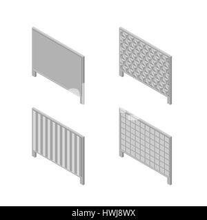 Un ensemble de travées isométrique clôture béton de différentes formes. Isolé sur fond blanc. Eléments de construction et de conception de paysage, vector illustrati Illustration de Vecteur